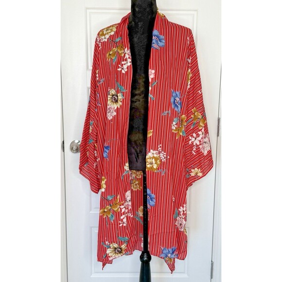 Umgee Boho Kimono Women's M/L Red Floral Stripe Sheer Lightweight Duster Flowy - Picture 1 of 8